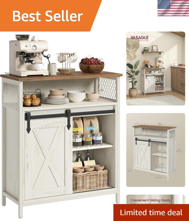 Versatile Coffee Bar Storage Cabinet in Rustic White - Adjustable Shelves Design