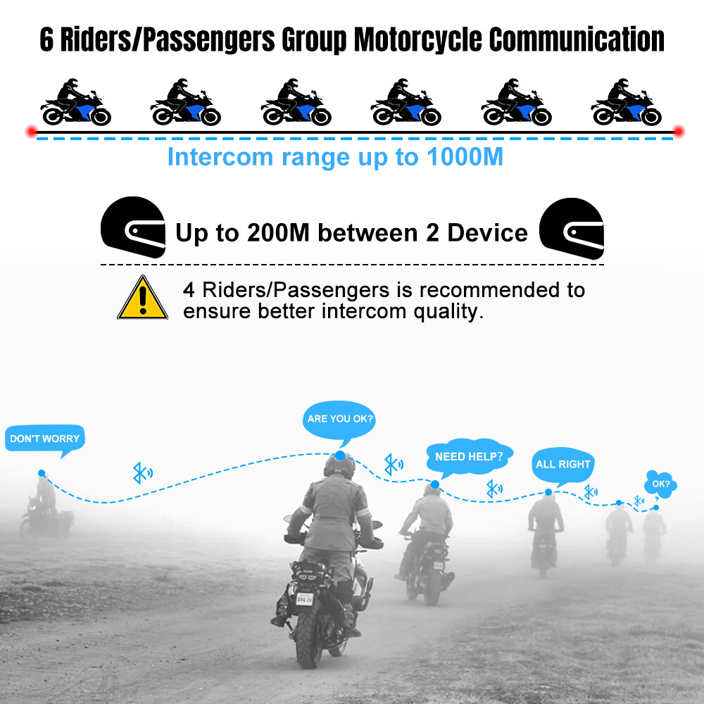 2X 1000M Motorcycle Intercom 6 Riders Communication BT Bluetooth Helmet Headset