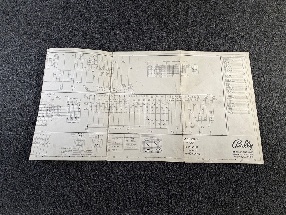 Bally Mariner Pinball Machine Game Manual Schematics ORIGINAL