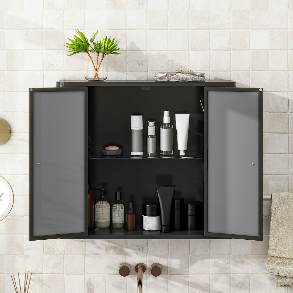 Wall Mounted Bathroom Cabinet W Mirror 2 Mirrored Doors Open Compartment