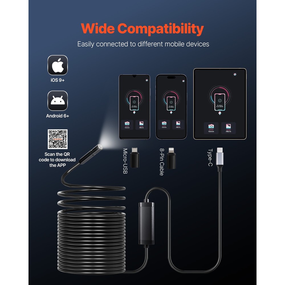 Endoscope Camera 1920P HD Borescope for Android & IOS with 49.2FT Cable