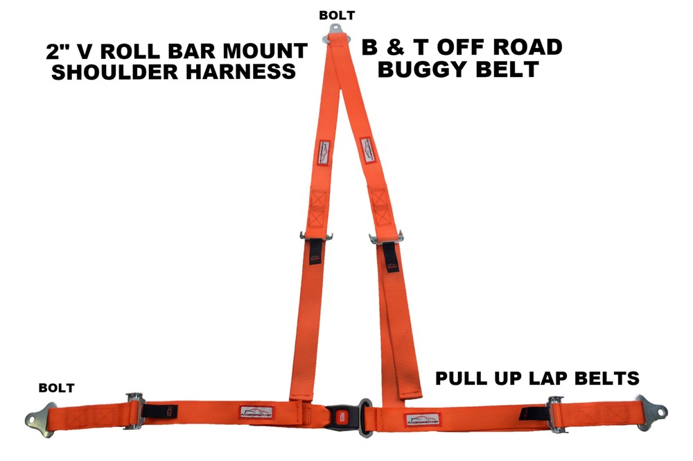 OFF ROAD 2" PUSH BUTTON V ROLL BAR MOUNT HARNESS. 3 POINT BUGGY BELT ORANGE