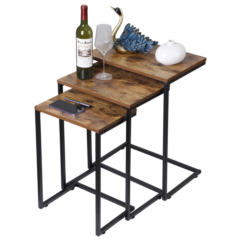 Nesting Coffee Table Set of 3 Industrial Stacking Accent End Table Rustic Brown