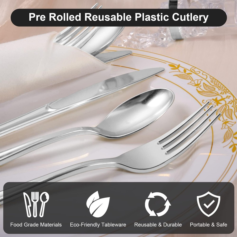 400 Pcs Pre Rolled Silver Cutlery Set, 100 Pack Wrapped Silverware Set with N...