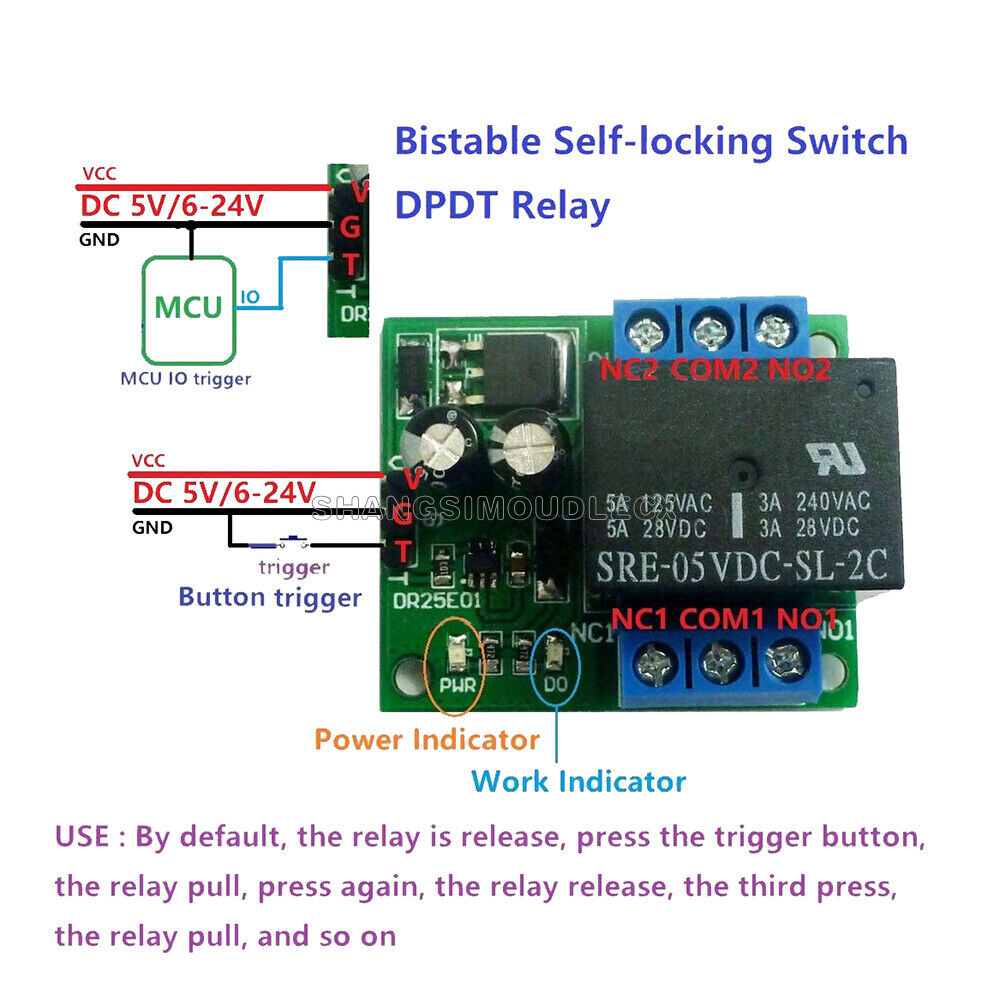DC 5V 6-24V Double Pole Double Throw DPDT Self-Locking Bistable Relay Module-