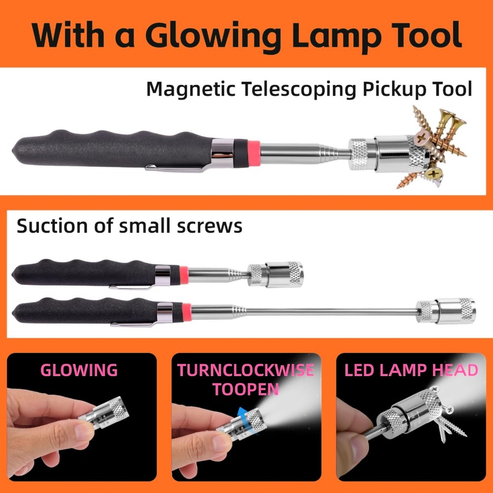 2 Pack Telescoping Magnet Pick-up Tool Set (16lb Pull Force) and LED Extendab...