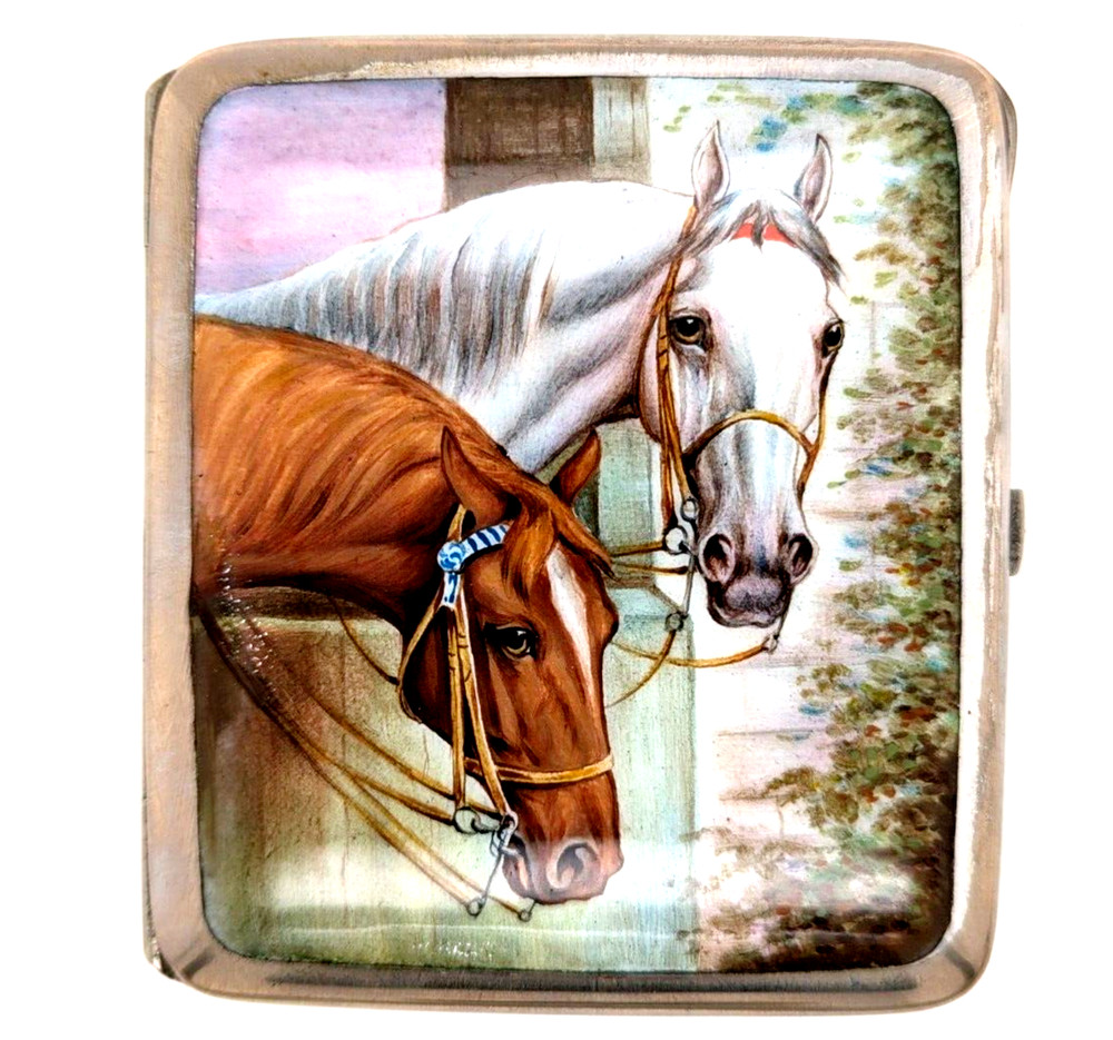 Silverplated Cigarette Case with Enamelled Horse Scene
