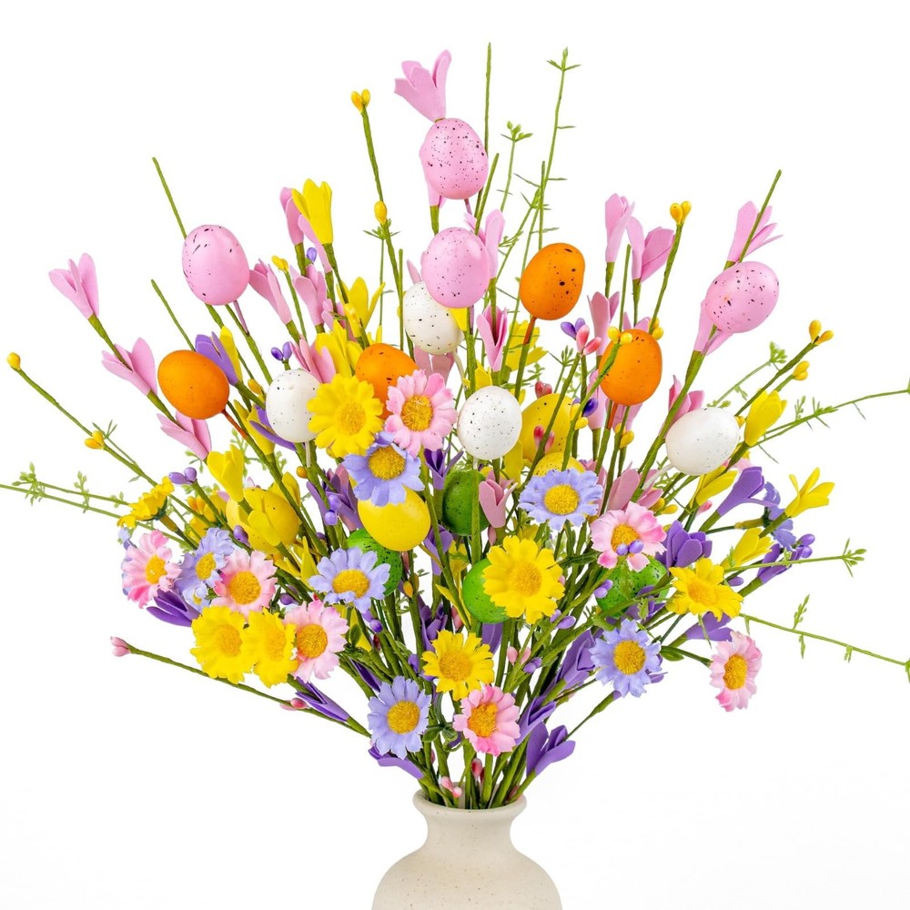 FloralElegance Artificial Easter Flowers with Eggs 10 Pack Easter Floral Pick...