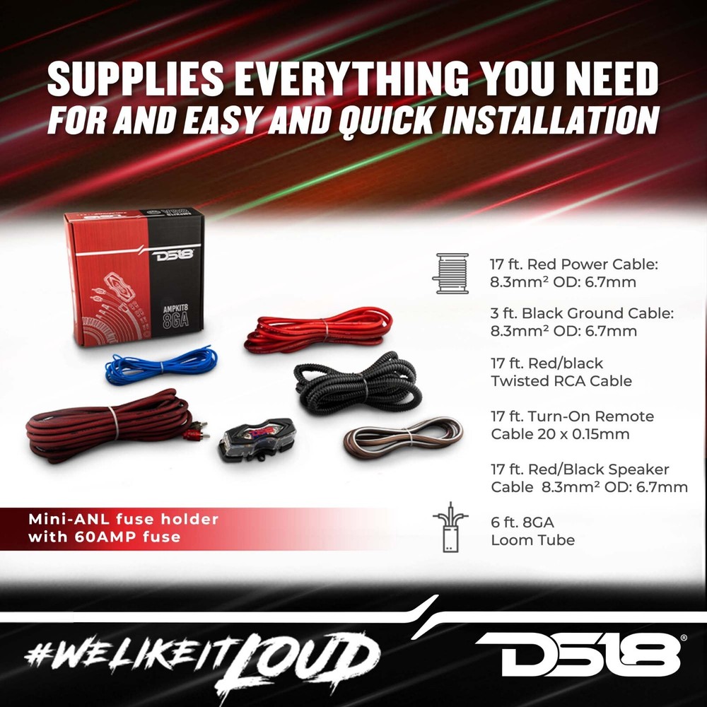 DS18 AMPKIT8 – 8GA CCA Installation Kit for Car Audio Amplifiers