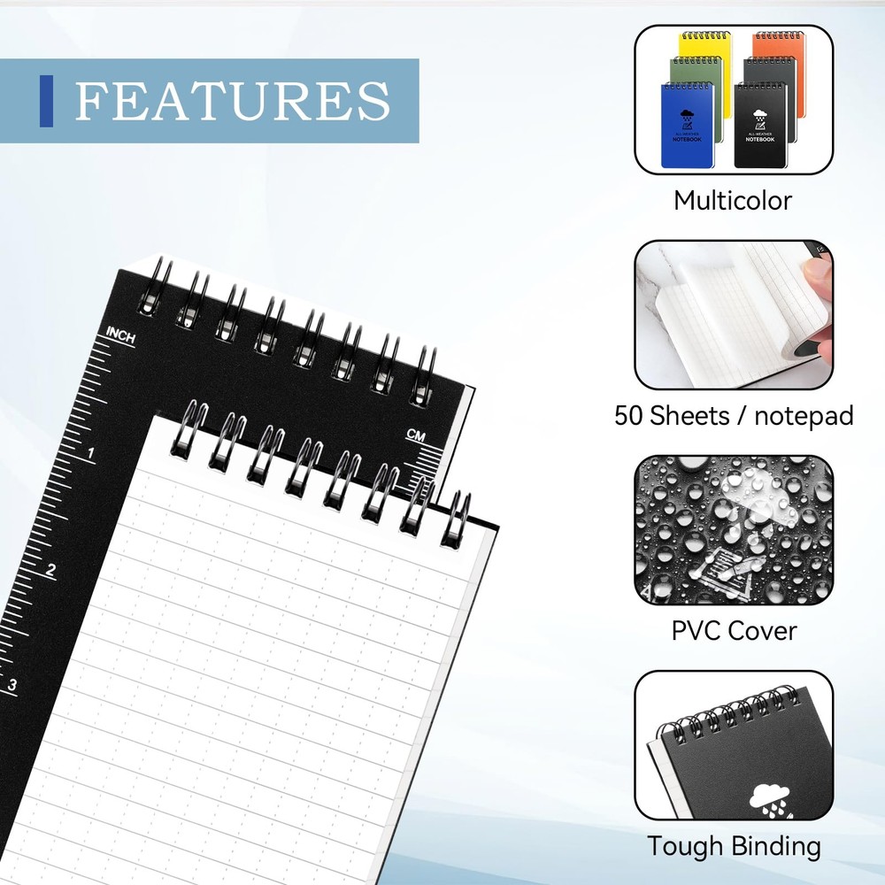 6 Pack Waterproof Notebook, 3 x 5 Pocket Notepad, Top-Spiral Weatherproof Not