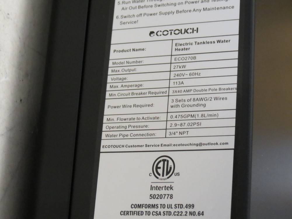 ECOTOUCH 27kW on Demand Water Heater 240V ECO270B Electric Tankless Water Heater