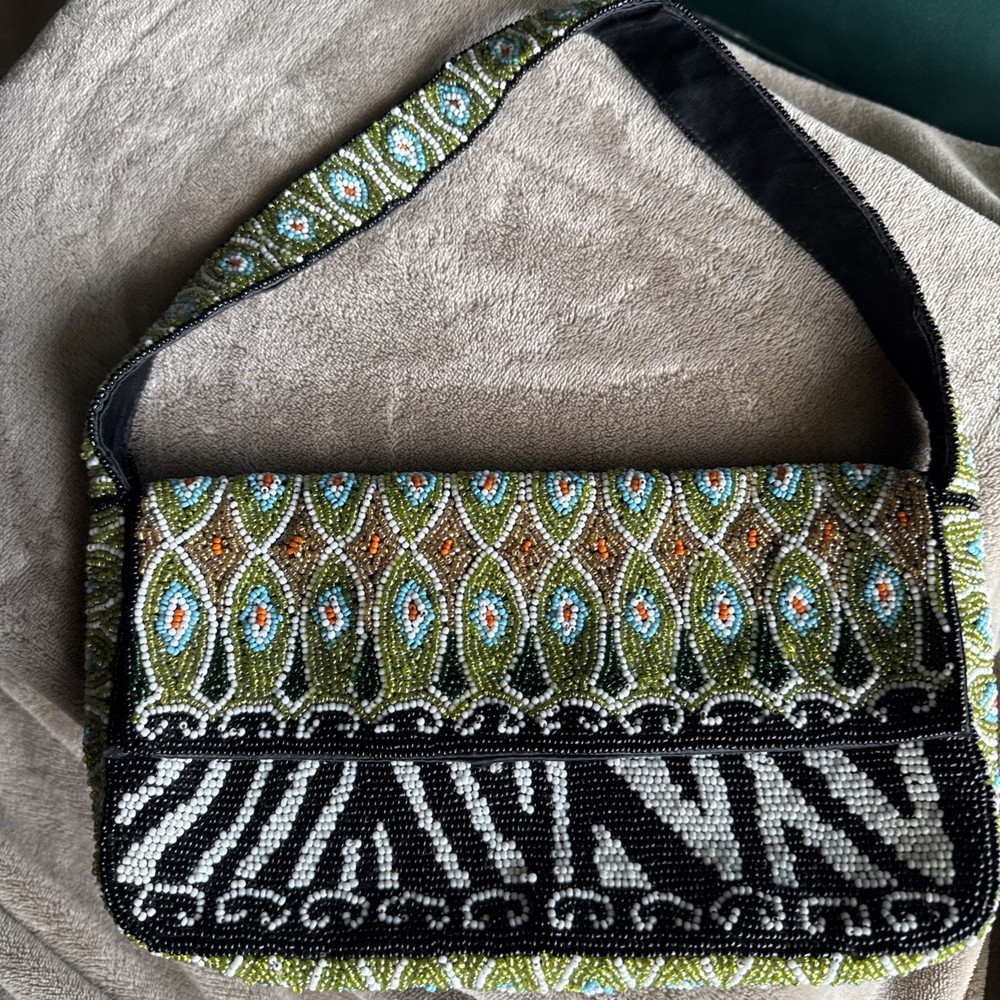 Cacle Small Seed Beaded Purse Hand Beaded Peacock Feather Look