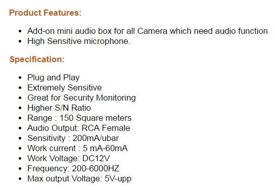 High Sensitive Microphone RCA Audio Mic Cable DC Power, FOR CCTV Security Camera