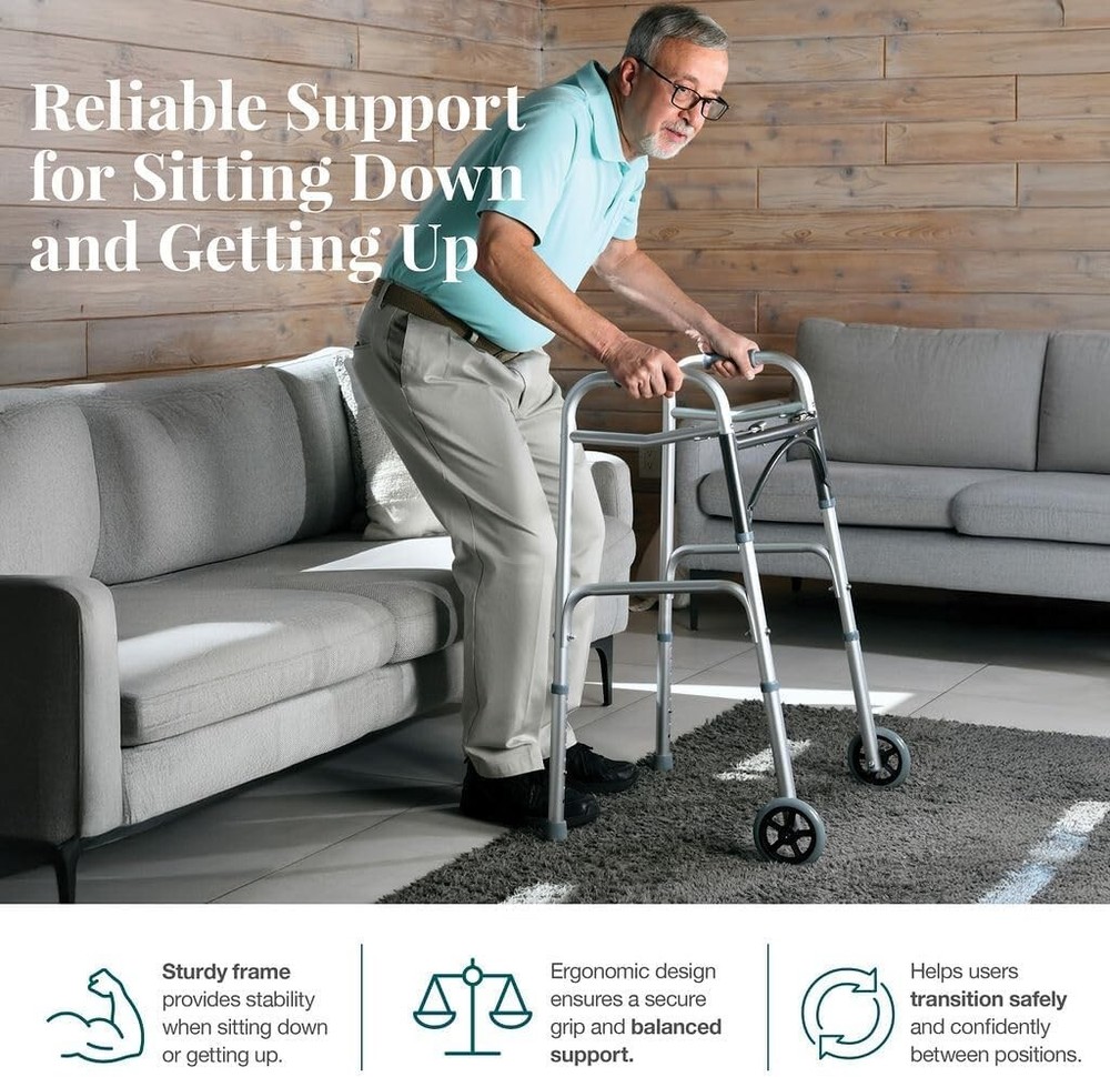 Lightweight, folding walker with wheels, supports 350 lbs, adjustable height