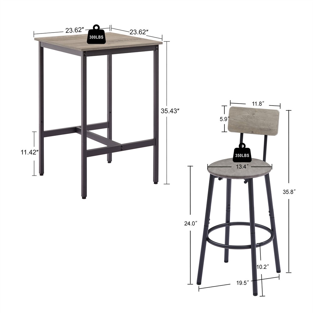 3 Piece Bar Table Set Counter Height Dining Kitchen Table w/ 2 Bar Stools Grey