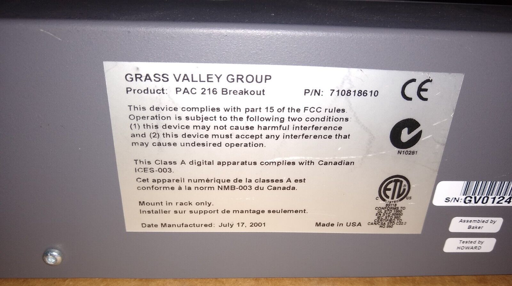 Grass Valley PAC XLR Breakout Panel 710818610 PAC 216 Breakout