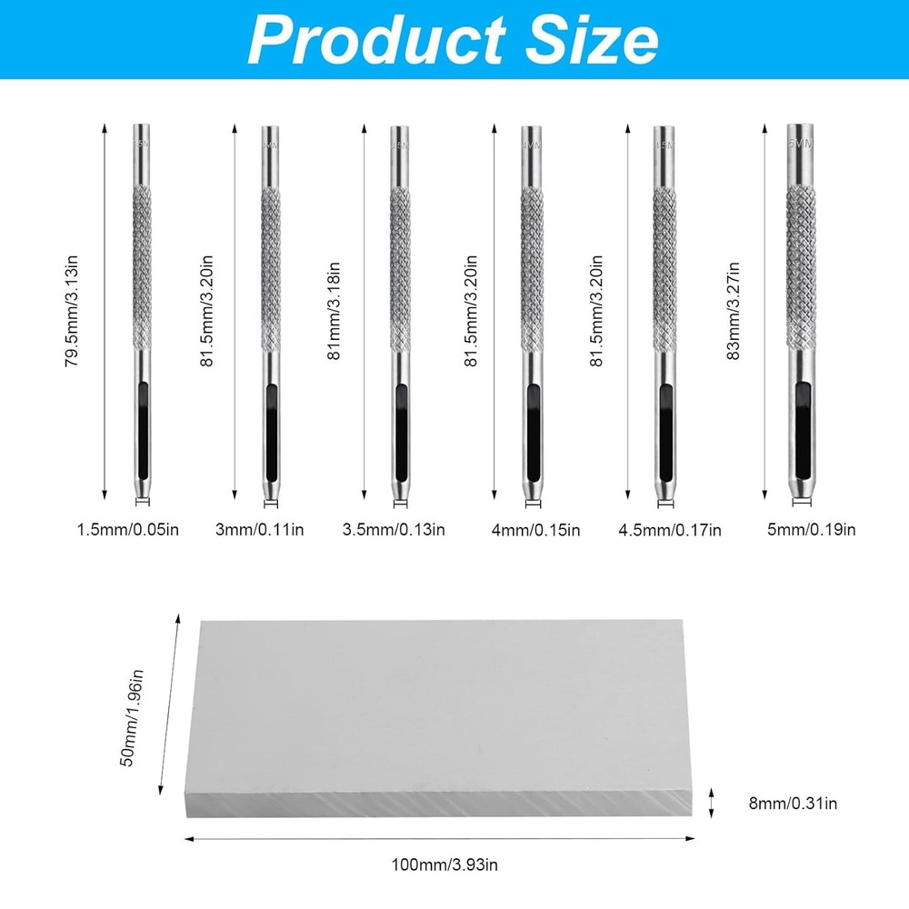 9 Pcs Leather Hole Punch Tool, Hollow Set for Stitching Silver