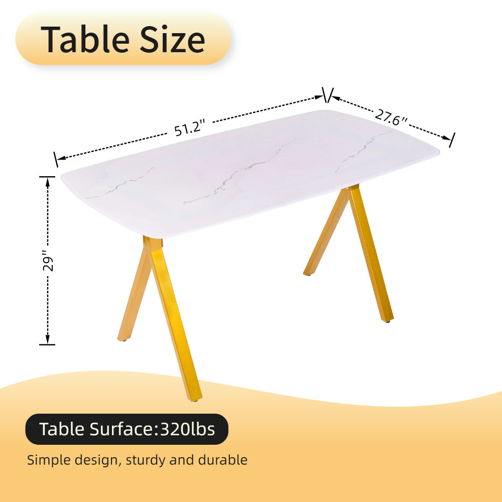 Rectangular dining table featuring a tempered glass tabletop a marble-patterne