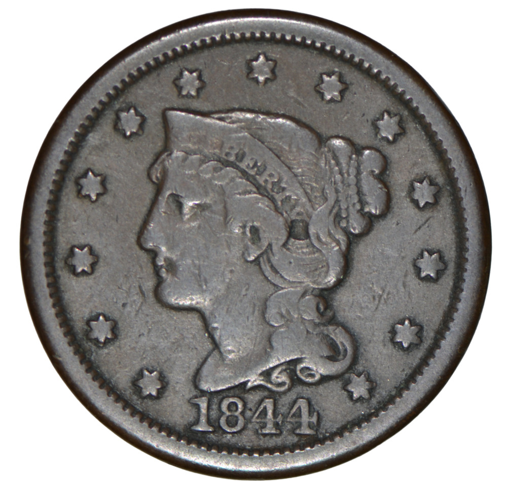 1844 Braided Hair Large Cent ~ Fine