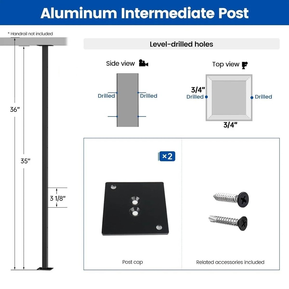 Black Aluminum Intermediate Cable Railing Post 36" Surface Mount w/ Flat Bracket