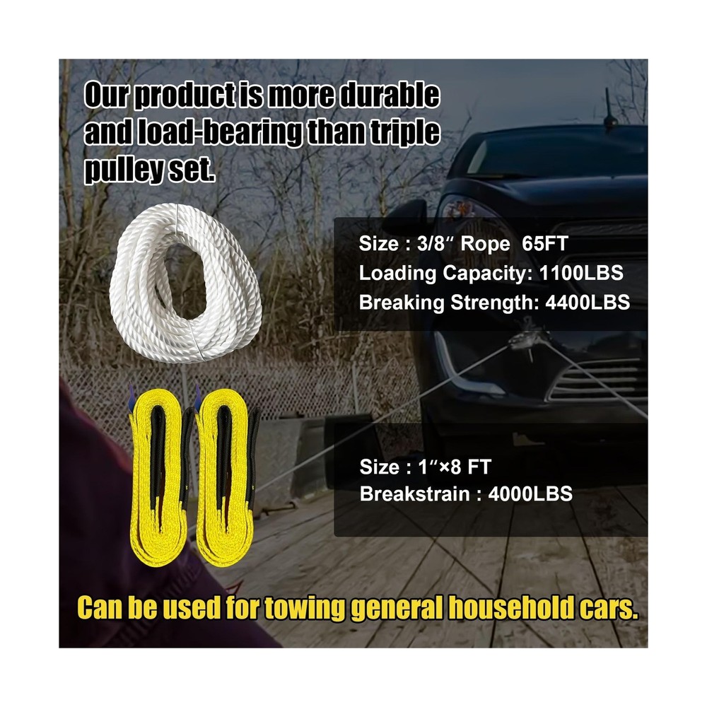 Block and Tackle 4400LBS Breaking Strength Heavy Duty Pulley, 65 Ft Rope Pull...