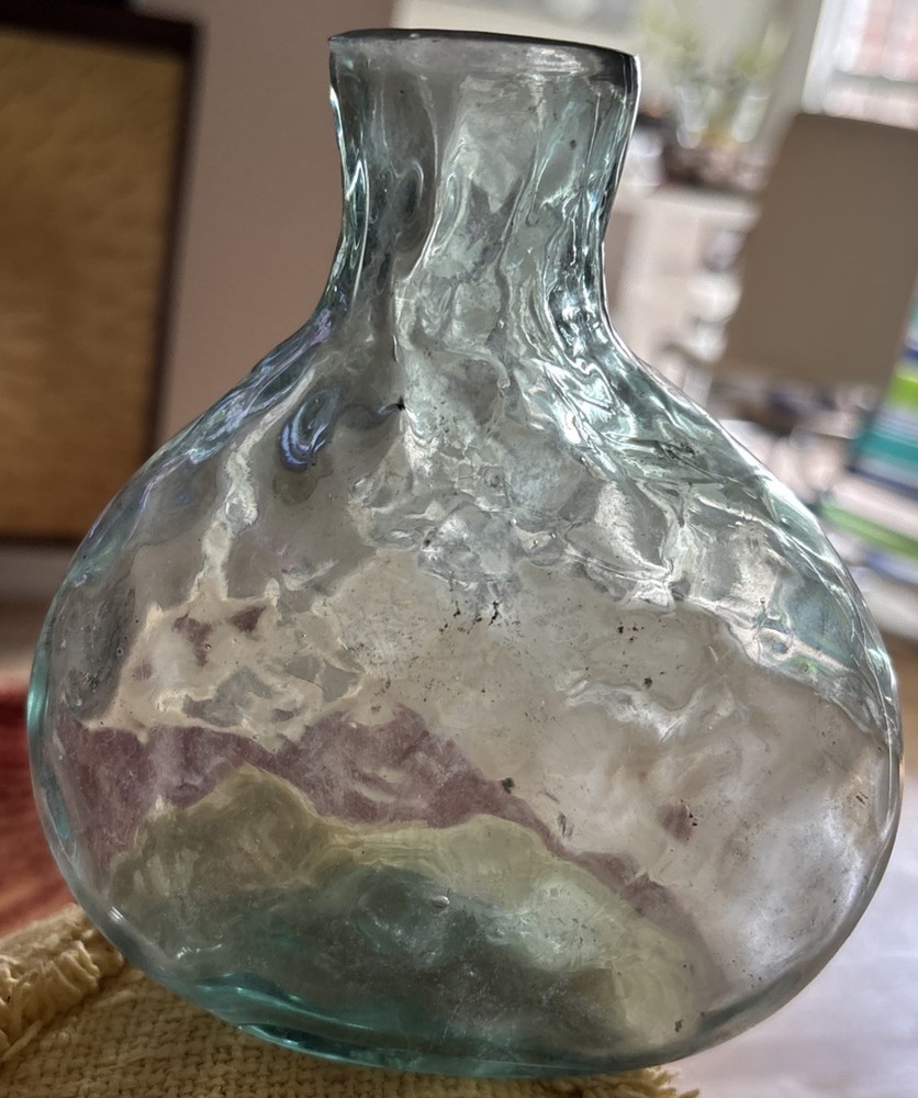 5”x5” Nice Antique Aqua Blue Flask Bottle Hand Blown