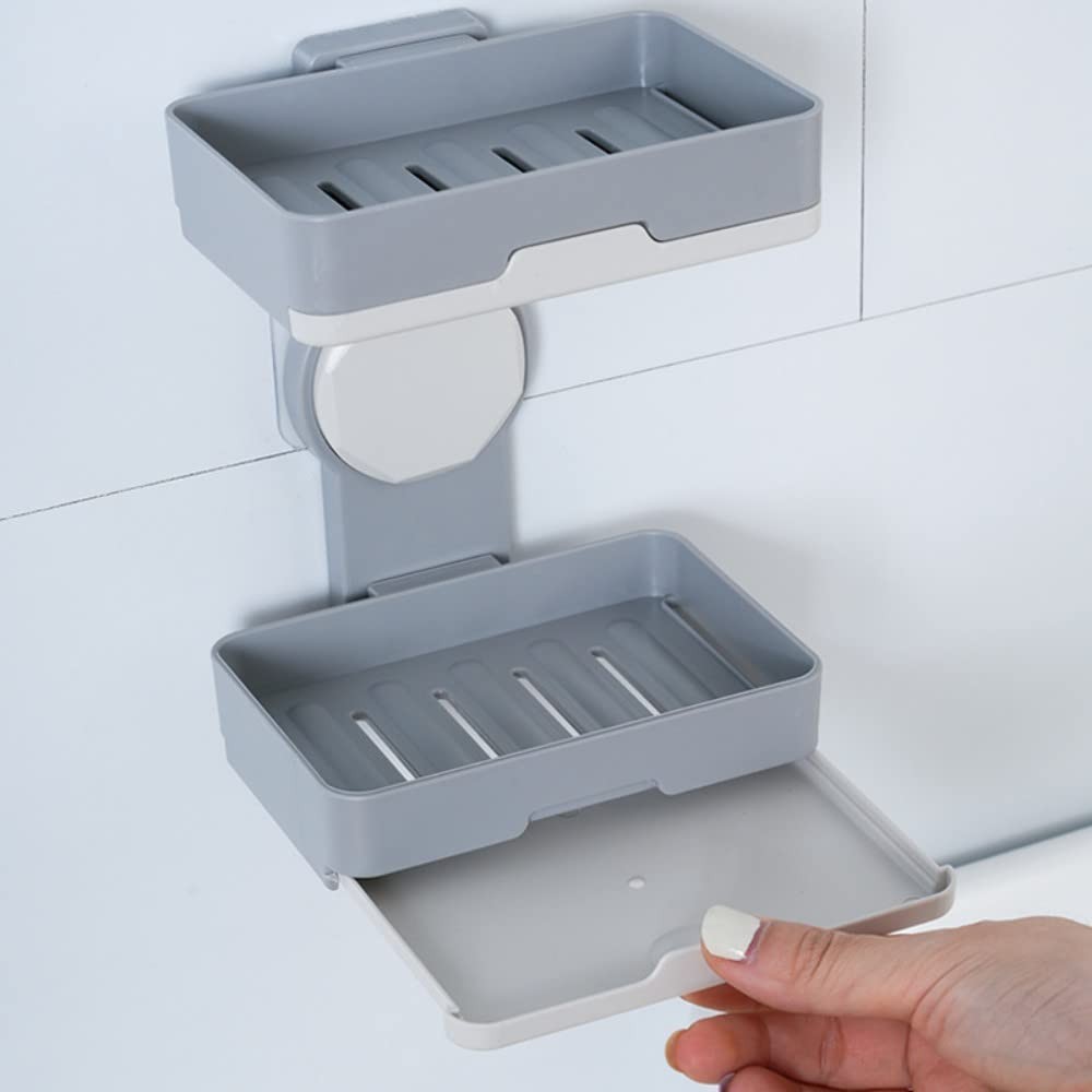 Soap Holder, PEFWO Strong Adhesive Double Layer Dish, one size, Gray