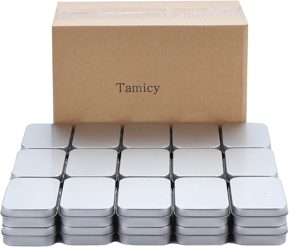 Metal Rectangular Empty Hinged Tins - Pack of 40 Silver Mini Portable Box Small