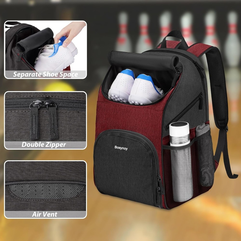 Bowling Backpack Bag for Single Ball with Shoe Compartment, Grey