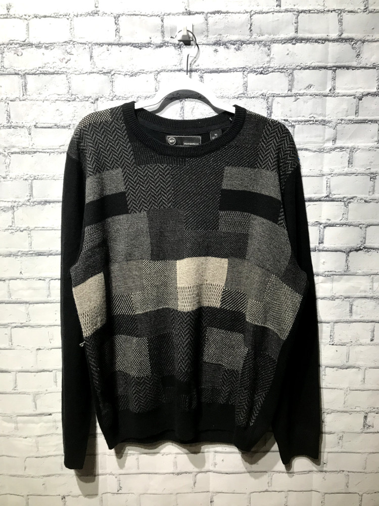Weatherproof, Men XL, Black/Gray Patchwork Pattern Knit Pullover Sweater Retro