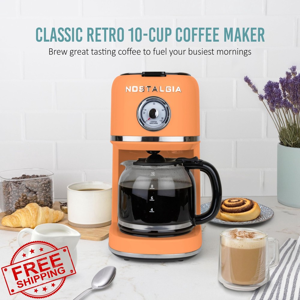 Nostalgia 10 Cup Coffee Maker Orange Drip Brew Time Display Carafe