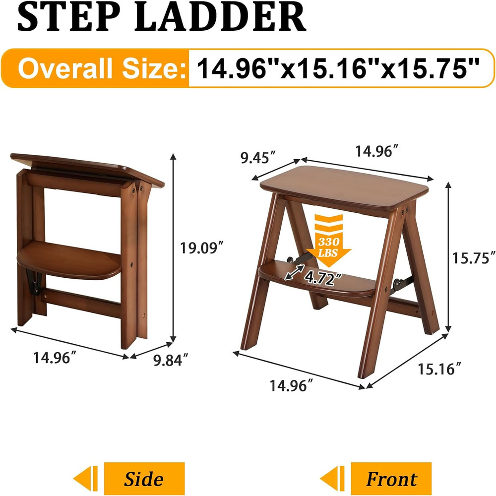 2 Step Stool Foldable- Bamboo Step Ladder, Small Folding Step Stool Cute
