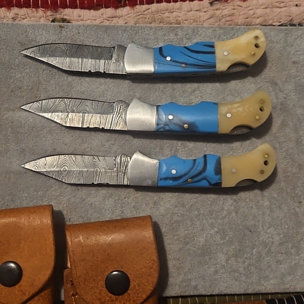 3 Damascus Folding Pocketknives Blue Bone Handle