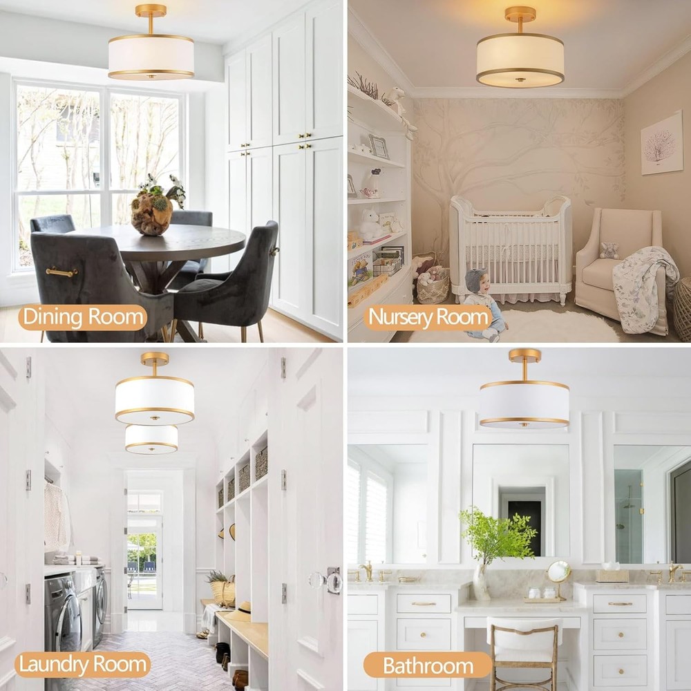 Bargeni 12.5" Ceiling Mount Light Drum Antique Brass White Fabric