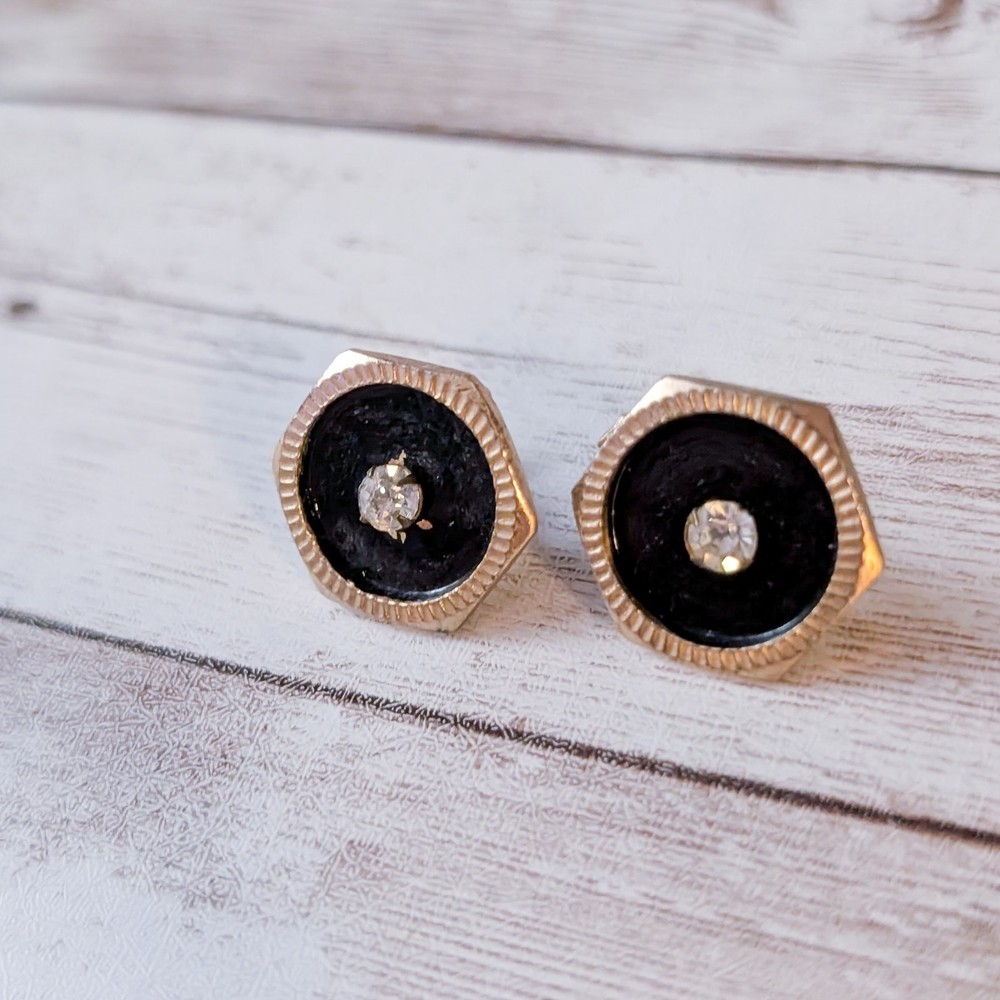 Vintage Screw Back Earrings 6 Sided Black Circle & Clear Gem - Condition Issues