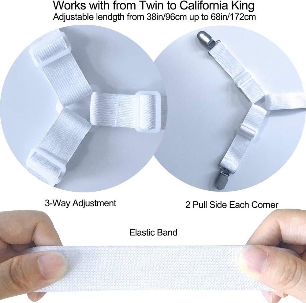 Adjustable Bed Sheet Fasteners with Nickel Plated Clips - 2Pcs Set White
