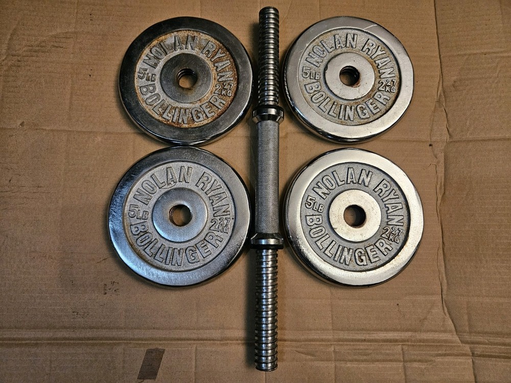 Vintage Nolan Ryan Chrome Bollinger Four 5lb Threaded Plate Weights and Handle