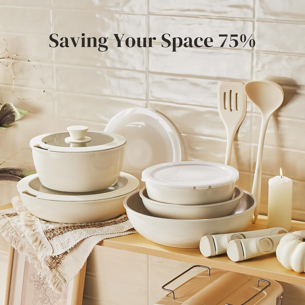 Nonstick Ceramic Cookware Set 16Pcs with Detachable Handle