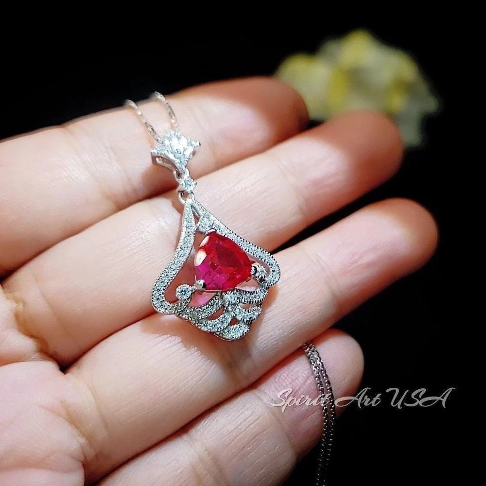 Mandolin flower Red Ruby Necklace - 1.2 ct Trillion Cut Red Ruby Pendant -