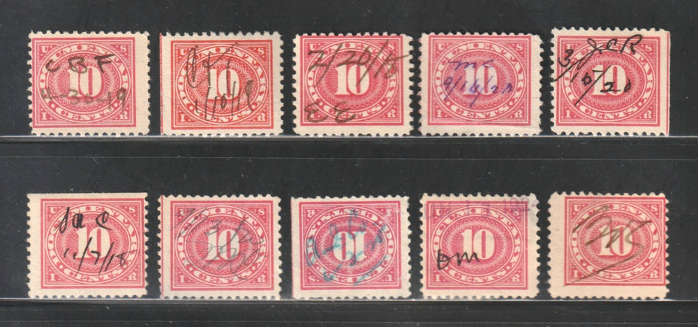 Scott # 234, Used, 10¢ Documentary, Manuscript Cancels, 10 Different