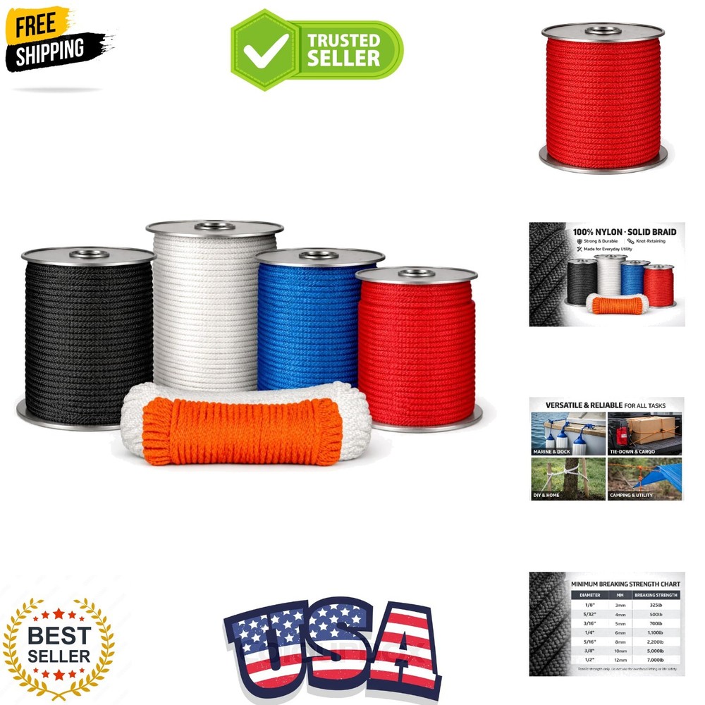 Solid Braid Nylon Rope – 100% Nylon Utility Rope – Strong, Durable, Knot-Reta...