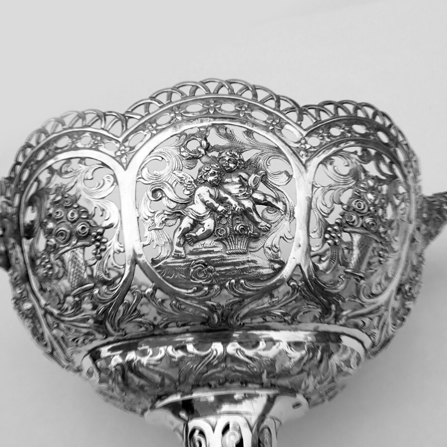 Ornate Footed Basket Open Work Designs Figural Handles 800 Silver