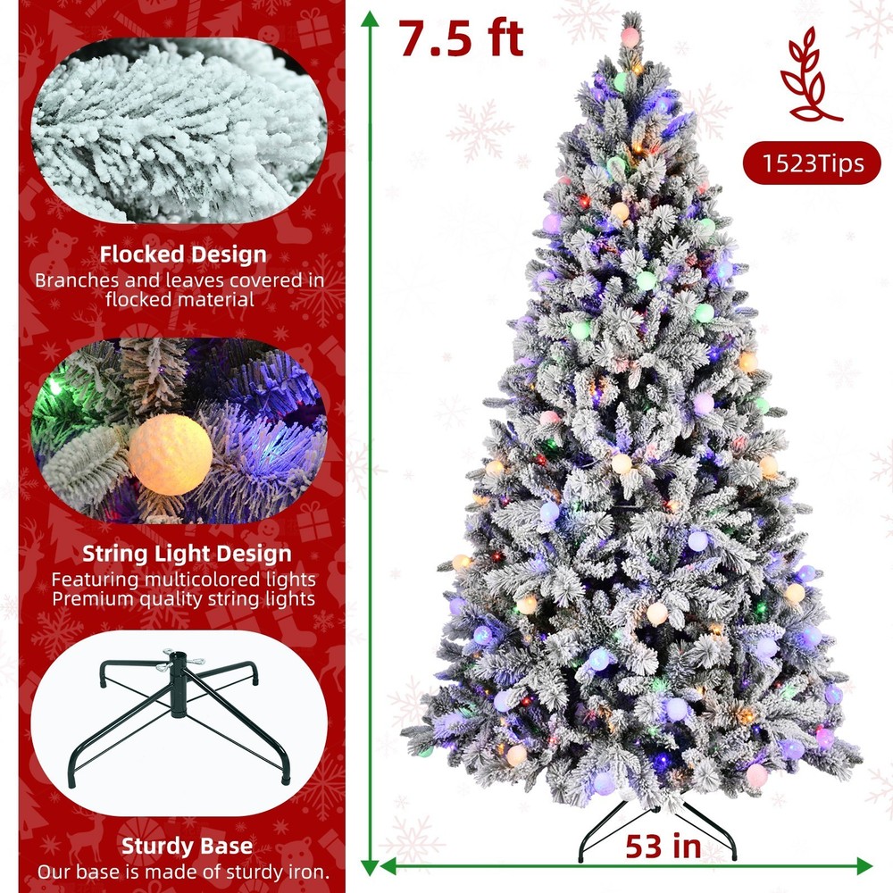 Artificial 7.5ft Flock Christmas Tree 1523 Mixed Branch Tips 400 lights Decor
