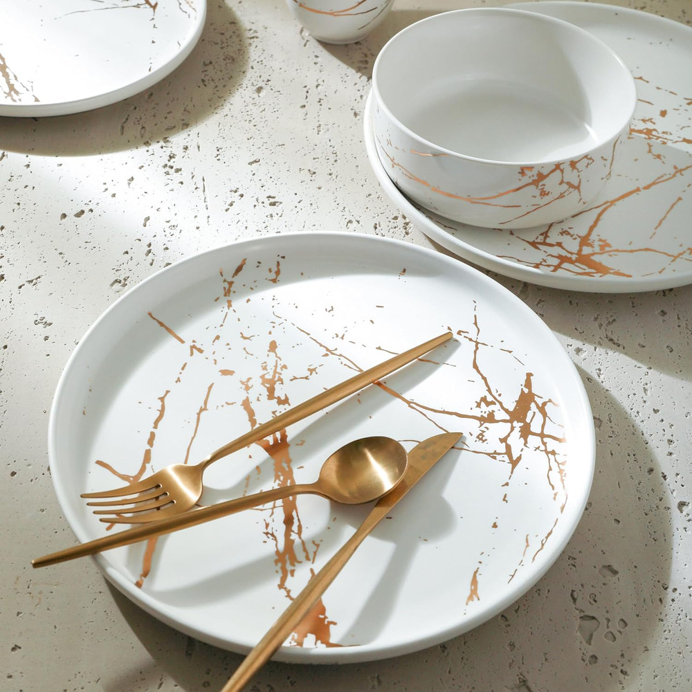 Porcelain 16 Piece Dinnerware Set, 4 Full White Gold Splash Sets