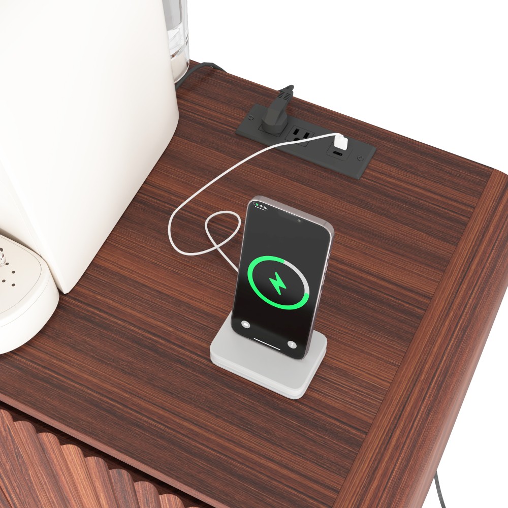Walnut TV Stand with Power Outlet, Adjustable Storage, Fluted Handleless