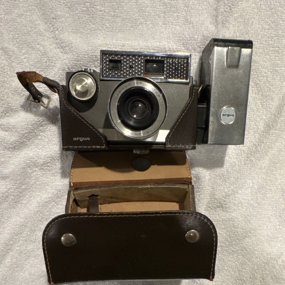 Argus Autronic 35mm Camera Silver Black with Case & Flash Attachment