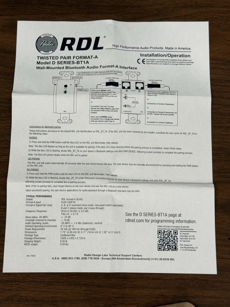 RDL D-BT1A Wall-Mounted Bluetooth Audio Format-A Interface - New In Box