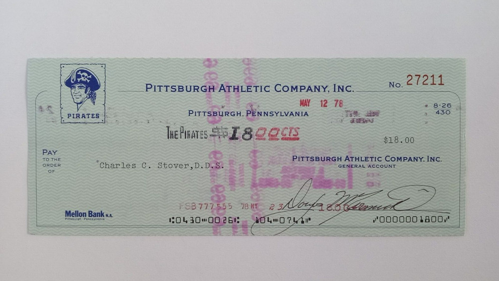 Charles C. Stover, D.D.S.: 1978 Pittsburgh Pirates Expense Check