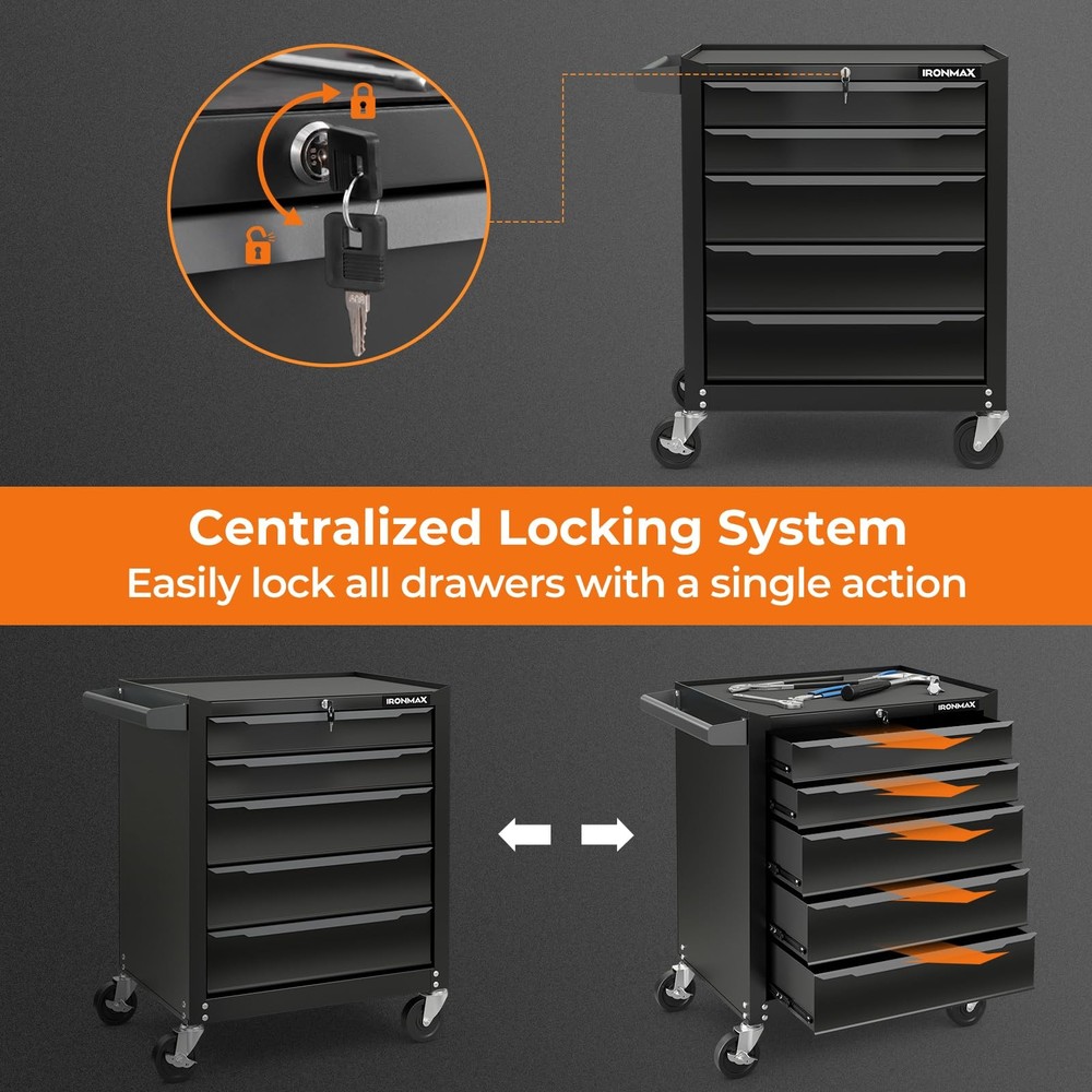 5抽屉金属工具箱带轮子锁定系统工具存储适用于车库