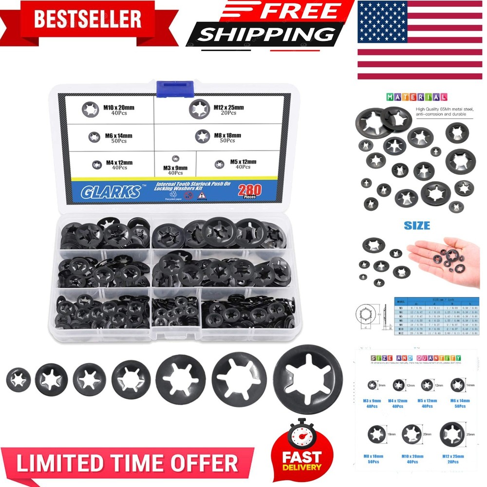 280Pcs Internal Tooth Starlock Push On Locking Washers Speed Clips Fasteners ...